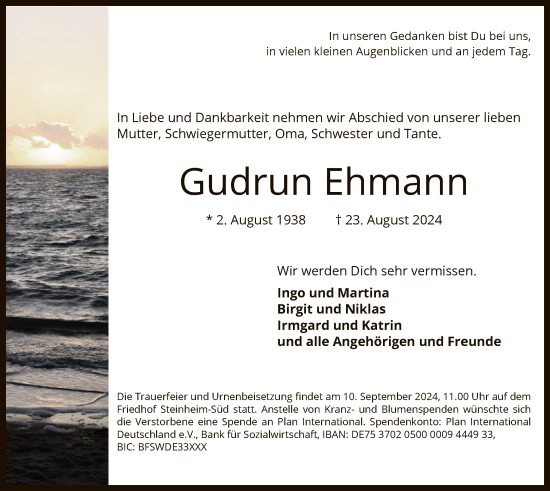 Traueranzeige von Gudrun Ehmann von OF