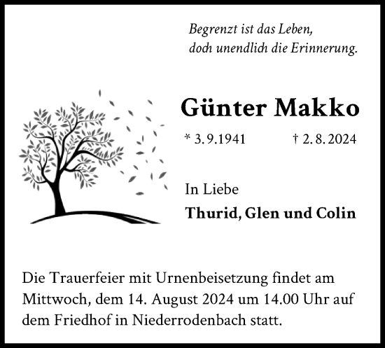 Traueranzeige von Günter Makko von OF