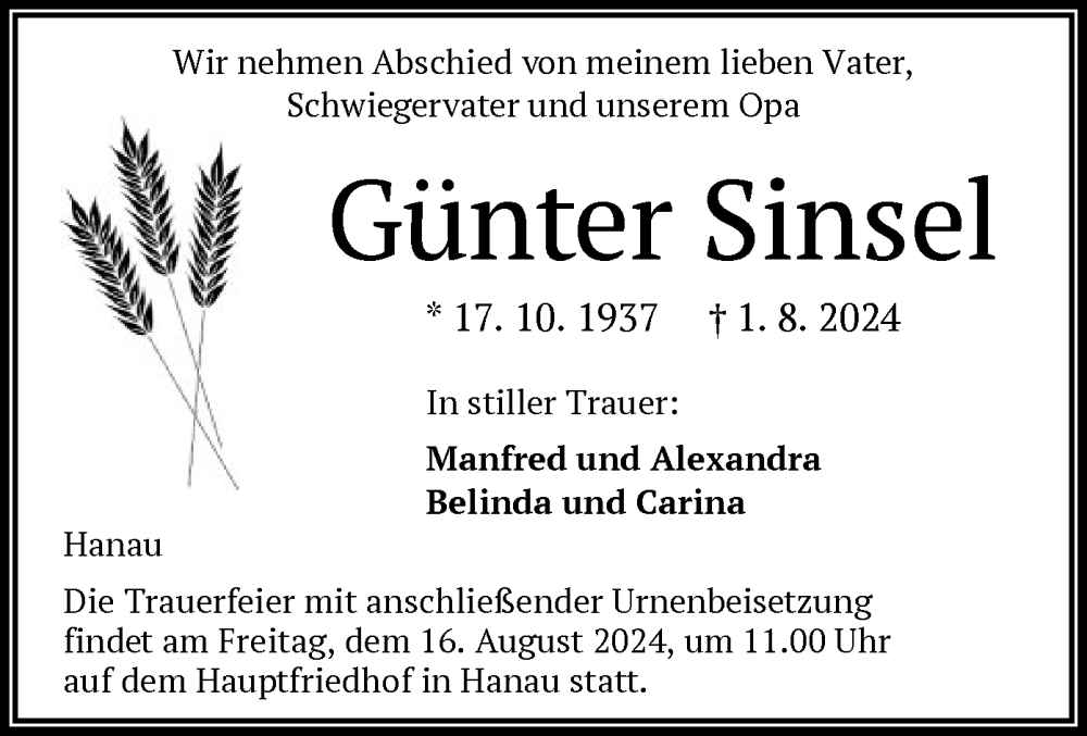  Traueranzeige für Günter Sinsel vom 10.08.2024 aus OF