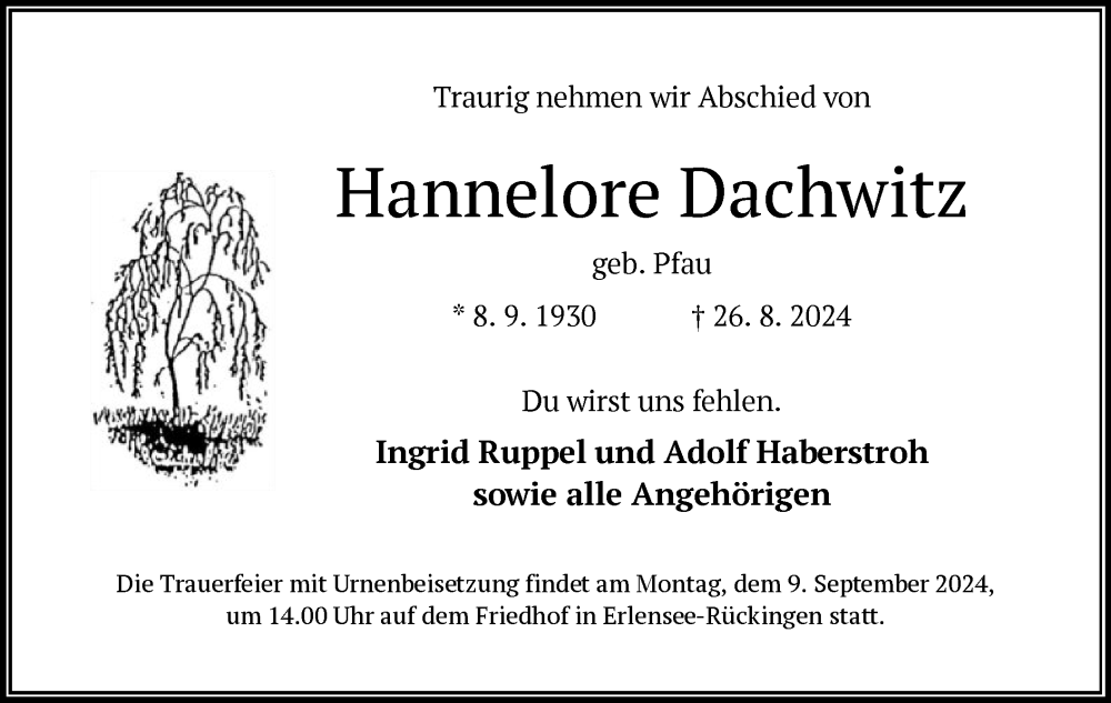  Traueranzeige für Hannelore Dachwitz vom 31.08.2024 aus OF