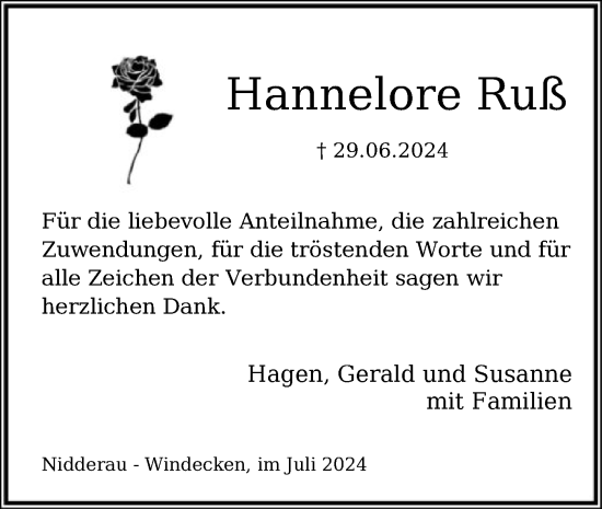 Traueranzeige von Hannelore Ruß von OF