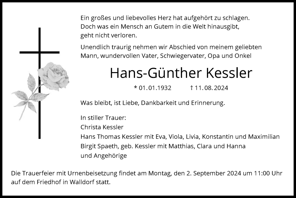  Traueranzeige für Hans-Günther Kessler vom 23.08.2024 aus OF