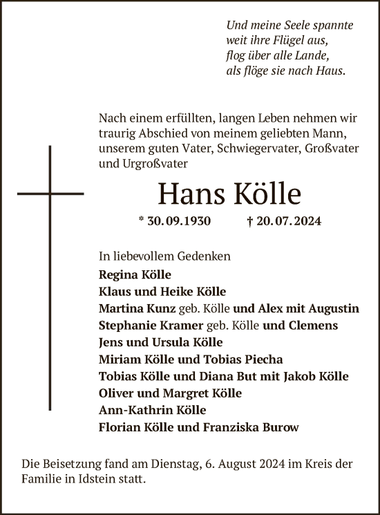 Traueranzeige von Hans Kölle von OF
