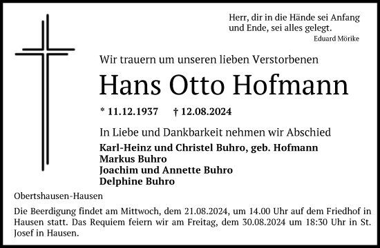 Traueranzeige von Hans Otto Hofmann von OF