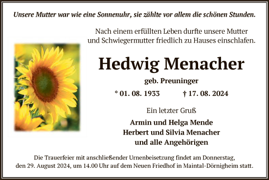 Traueranzeige von Hedwig Menacher von OF
