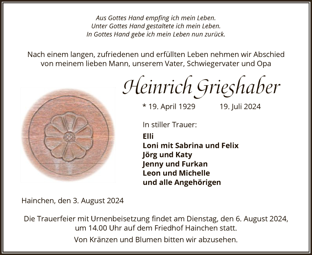  Traueranzeige für Heinrich Grieshaber vom 03.08.2024 aus OF