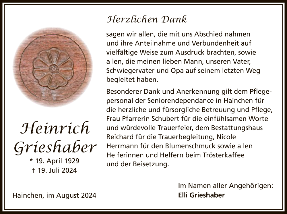  Traueranzeige für Heinrich Grieshaber vom 24.08.2024 aus OF