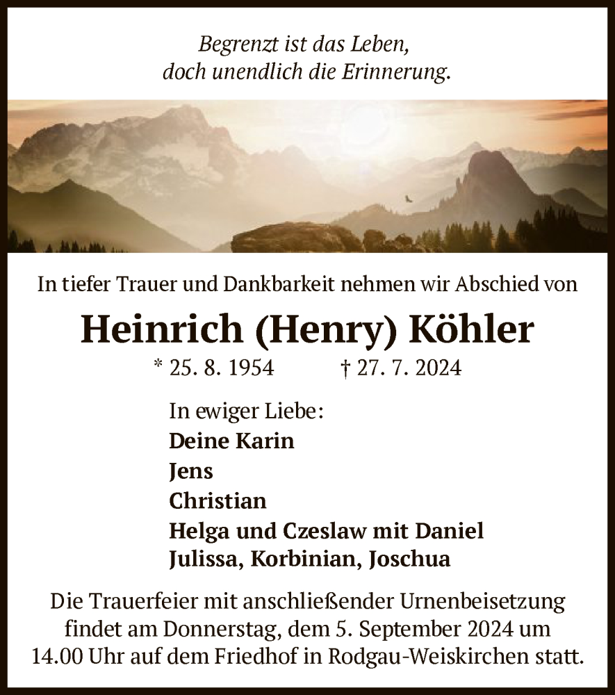  Traueranzeige für Heinrich Köhler vom 31.08.2024 aus OF
