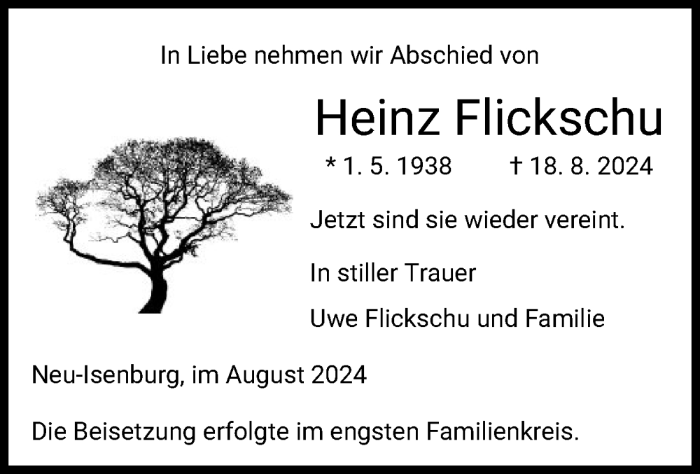  Traueranzeige für Heinz Flickschu vom 31.08.2024 aus OF
