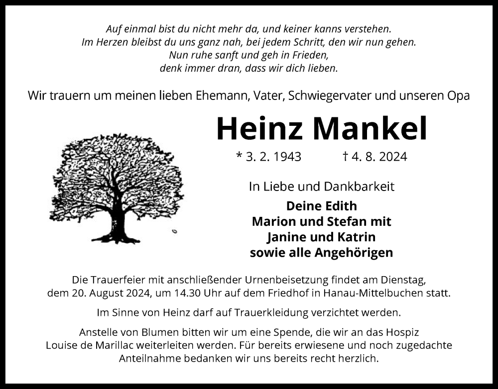  Traueranzeige für Heinz Mankel vom 17.08.2024 aus OF