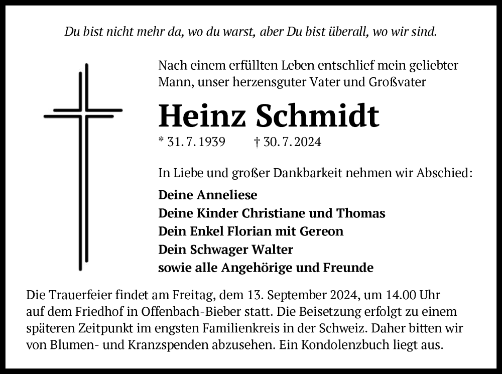  Traueranzeige für Heinz Schmidt vom 31.08.2024 aus OF