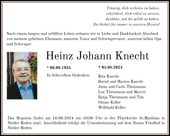 Traueranzeige von Heinz Johann Knecht von OF