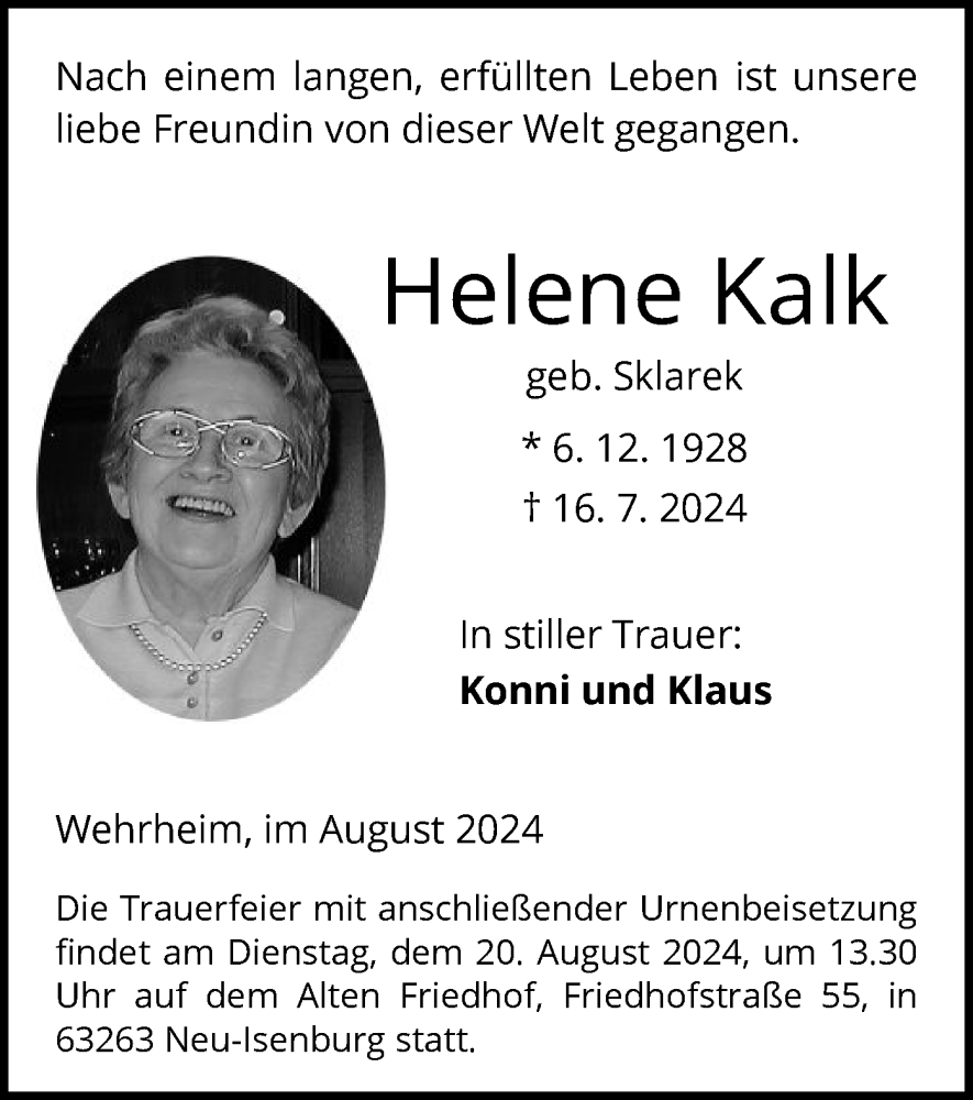  Traueranzeige für Helene Kalk vom 10.08.2024 aus OF