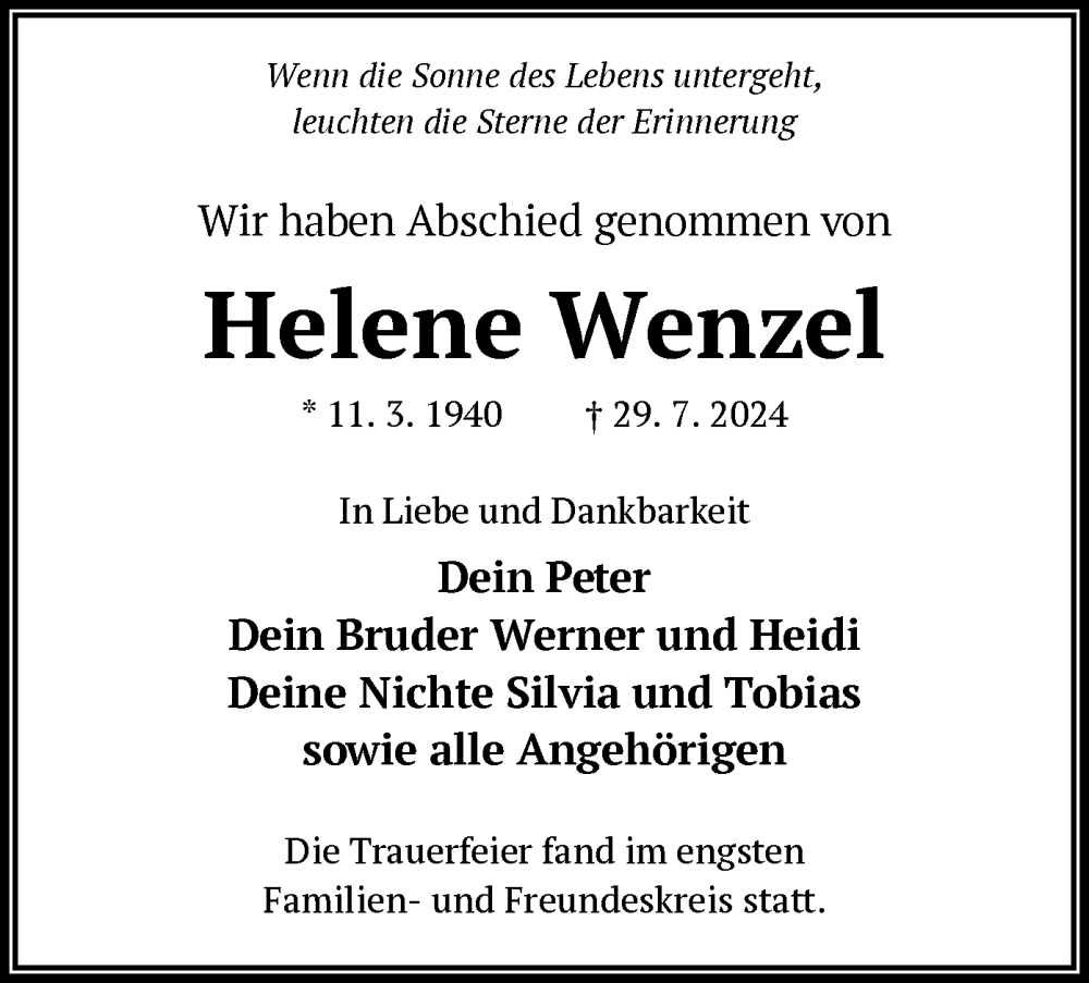 Traueranzeige für Helene Wenzel vom 17.08.2024 aus OF