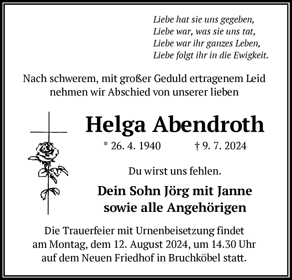  Traueranzeige für Helga Abendroth vom 03.08.2024 aus OF