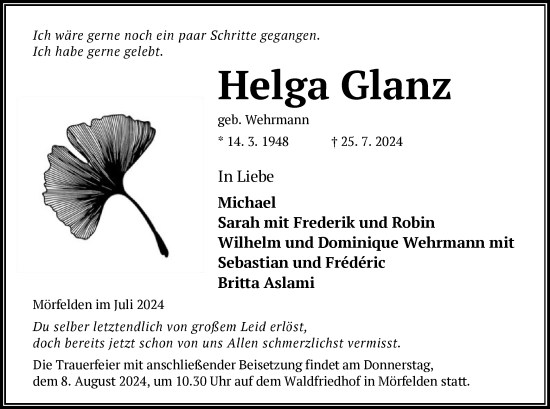 Traueranzeige von Helga Glanz von OF