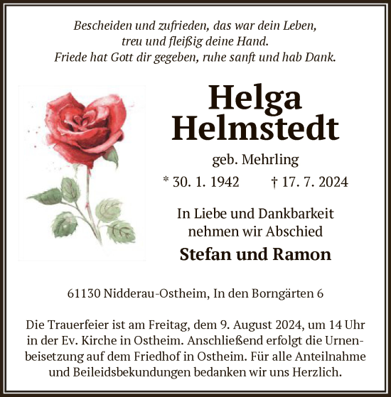 Traueranzeige von Helga Helmstedt von OF