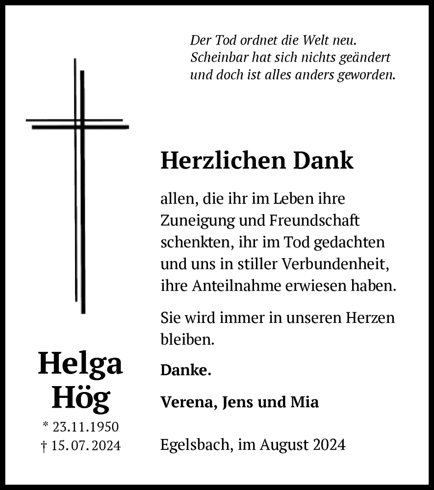  Traueranzeige für Helga Hög vom 17.08.2024 aus OF