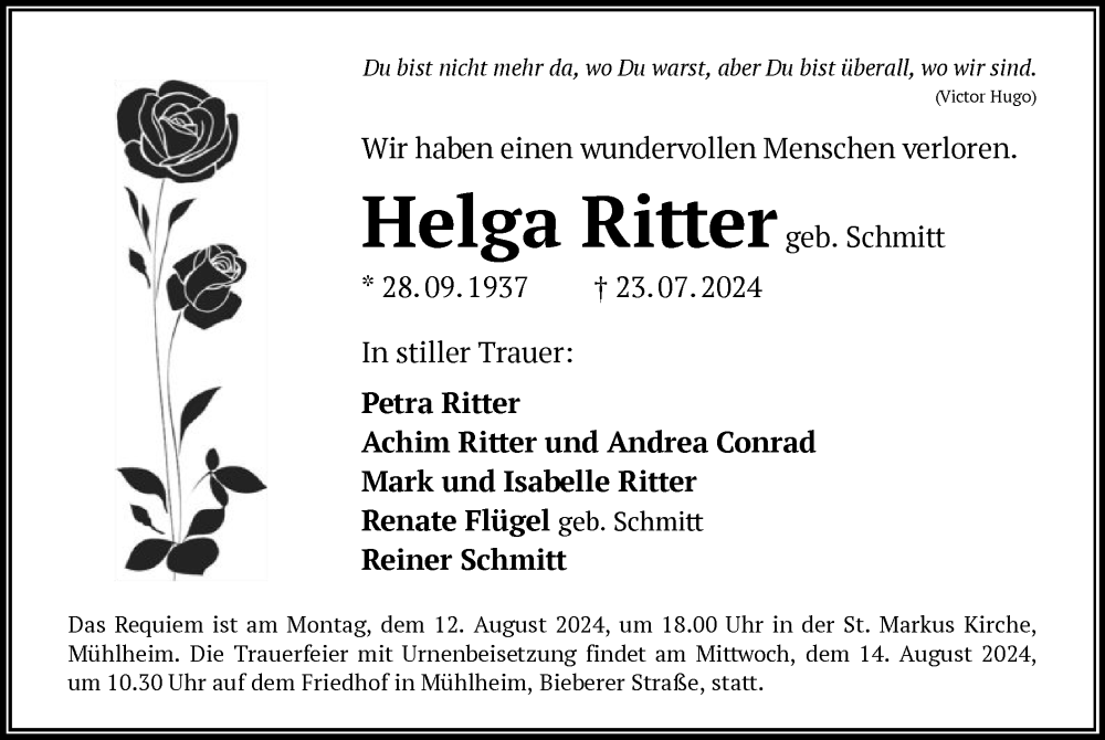 Traueranzeige für Helga Ritter vom 10.08.2024 aus OF