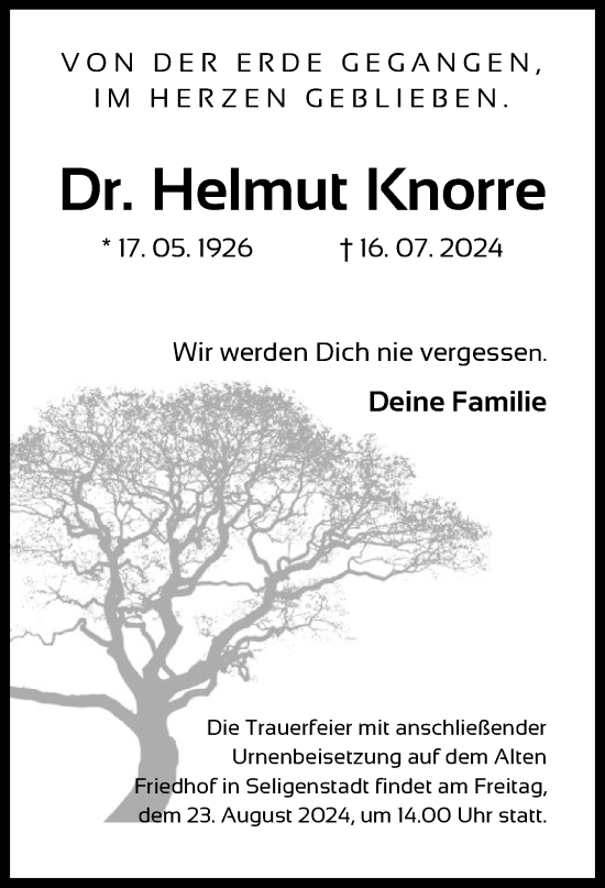 Traueranzeige von Helmut Knorre von OF