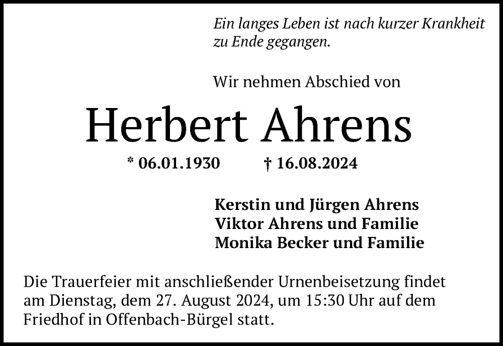  Traueranzeige für Herbert Ahrens vom 24.08.2024 aus OF