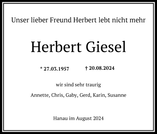 Traueranzeige von Herbert Giesel von OF