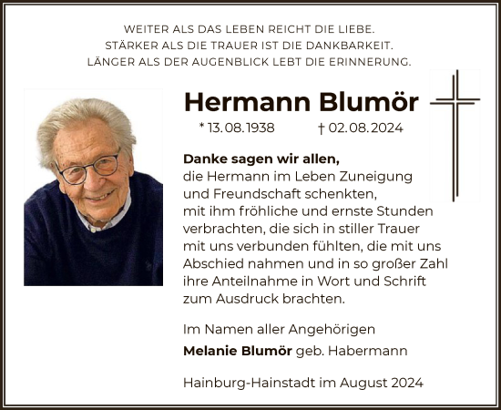 Traueranzeige von Hermann Blumör von OF