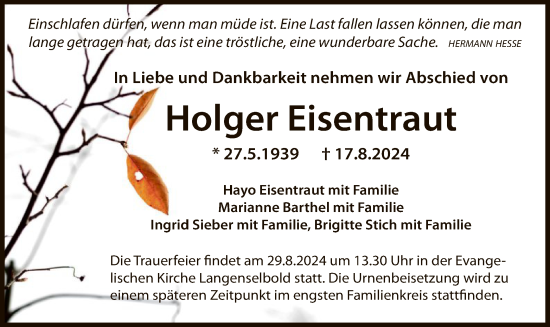 Traueranzeige von Holger Eisentraut von OF