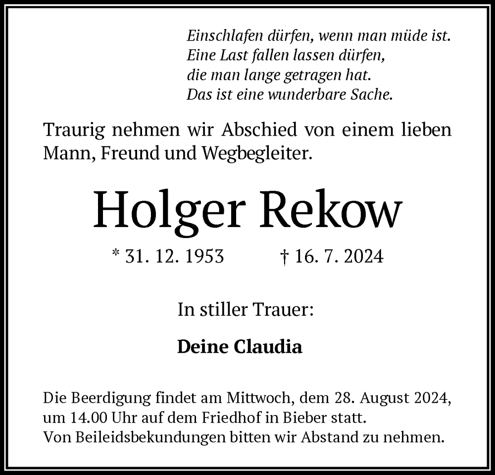  Traueranzeige für Holger Rekow vom 24.08.2024 aus OF