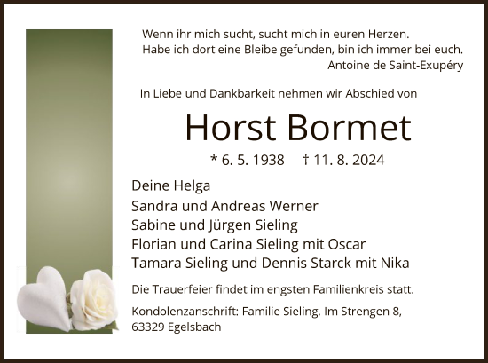 Traueranzeige von Horst Bormet von OF
