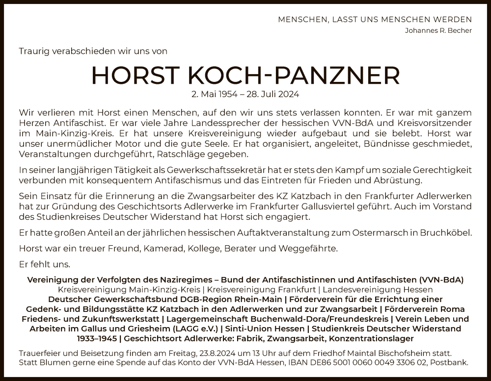  Traueranzeige für Horst Koch-Panzner vom 17.08.2024 aus OF