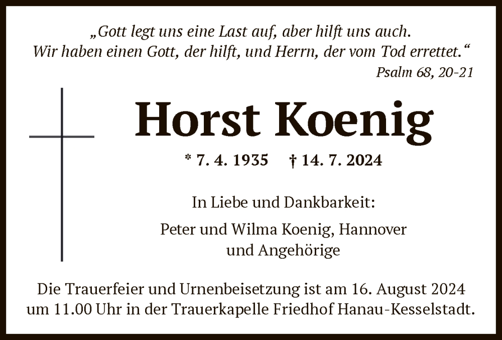  Traueranzeige für Horst Koenig vom 10.08.2024 aus OF