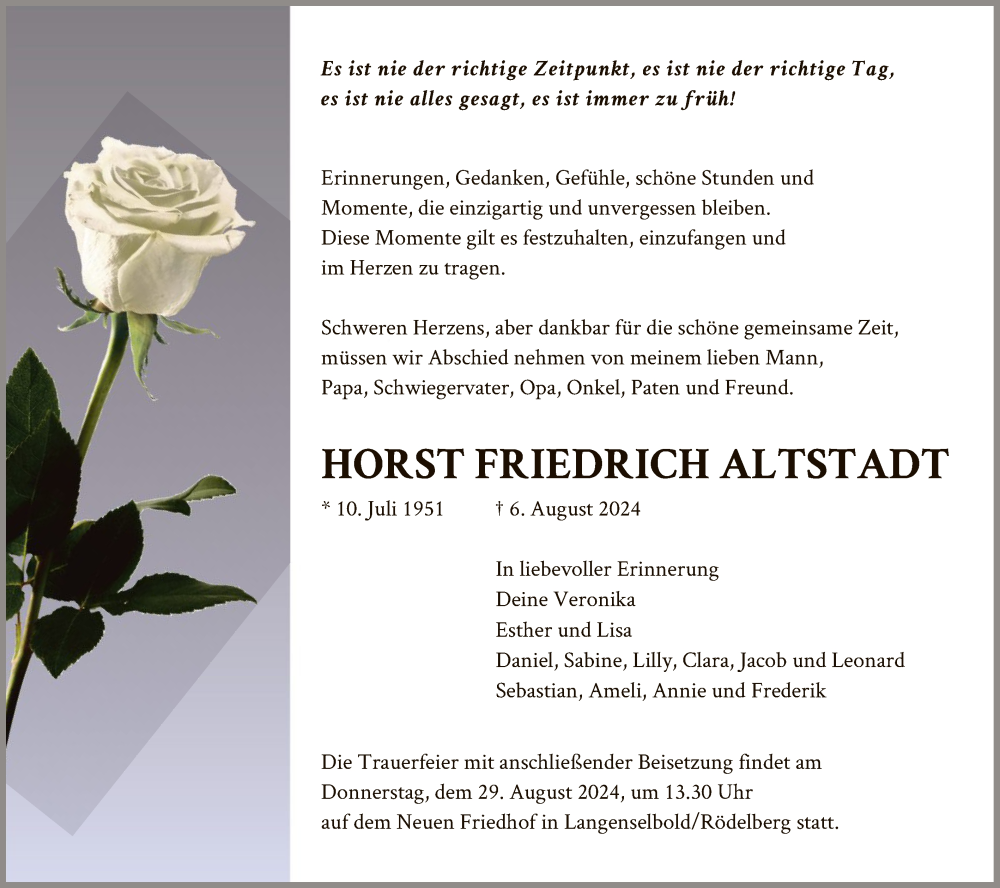 Traueranzeige für Horst Friedrich Altstadt vom 17.08.2024 aus OF