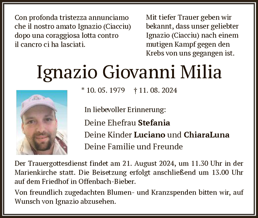  Traueranzeige für Ignazio Giovanni Milia vom 17.08.2024 aus OF