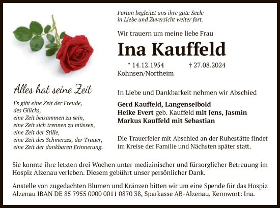 Traueranzeige von Ina Kauffeld von OF