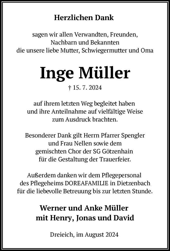  Traueranzeige für Inge Müller vom 24.08.2024 aus OF