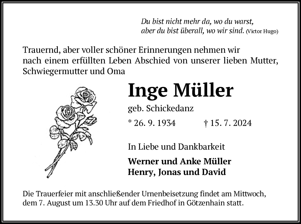  Traueranzeige für Inge Müller vom 03.08.2024 aus OF