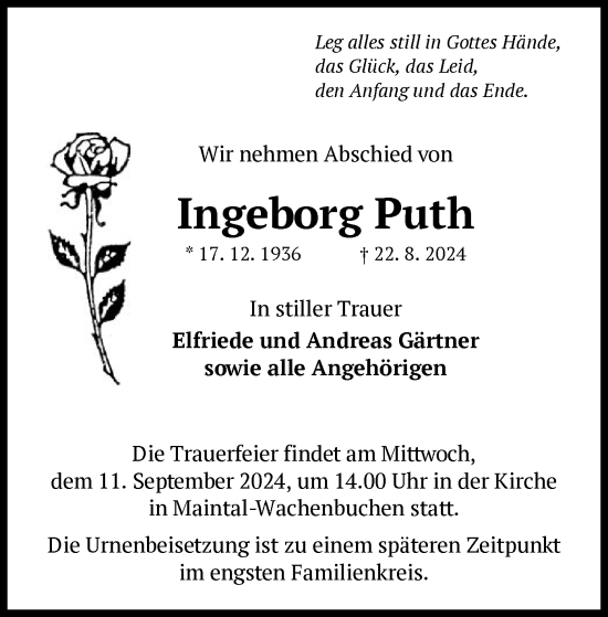 Traueranzeige von Ingeborg Puth von OF