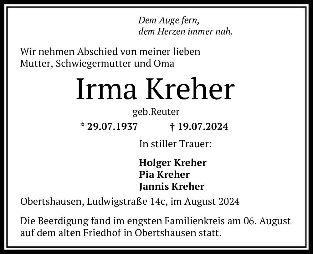  Traueranzeige für Irma Kreher vom 10.08.2024 aus OF