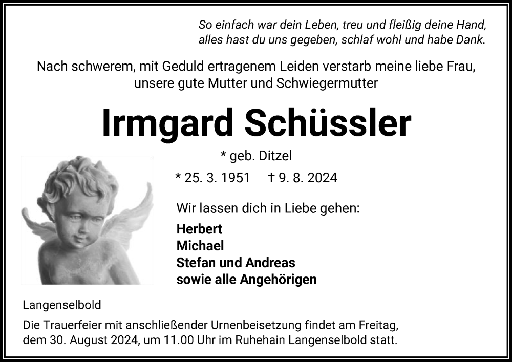  Traueranzeige für Irmgard Schüssler vom 24.08.2024 aus OF