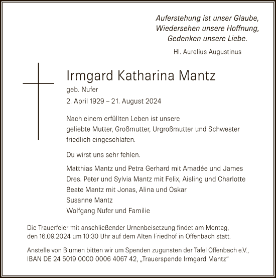 Traueranzeige von Irmgard Katharina Mantz von OF