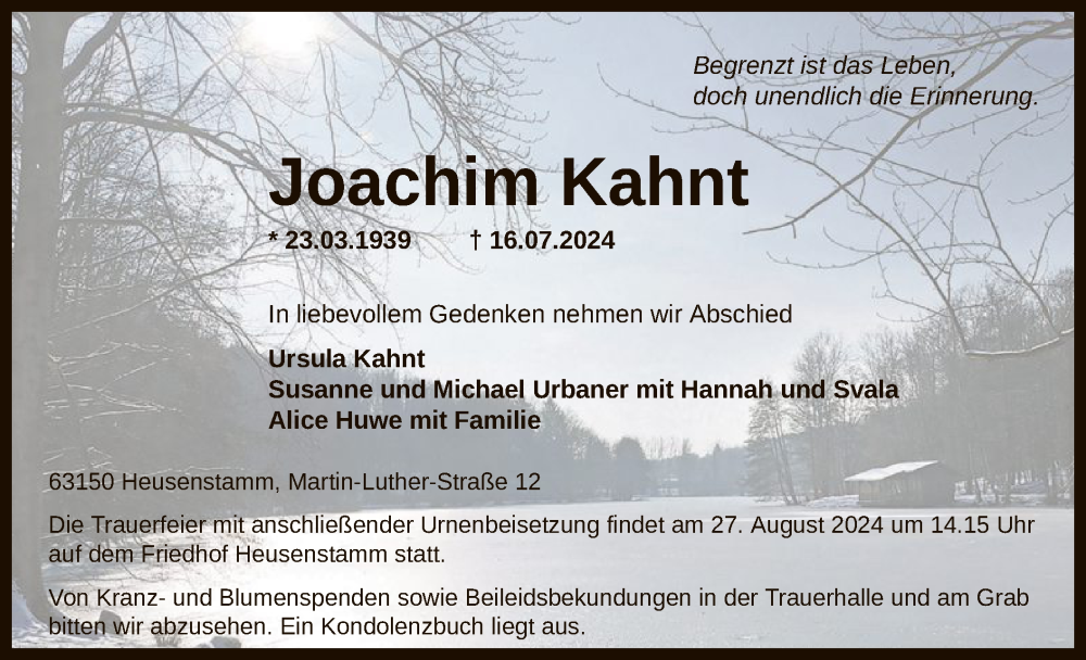  Traueranzeige für Joachim Kahnt vom 17.08.2024 aus OF