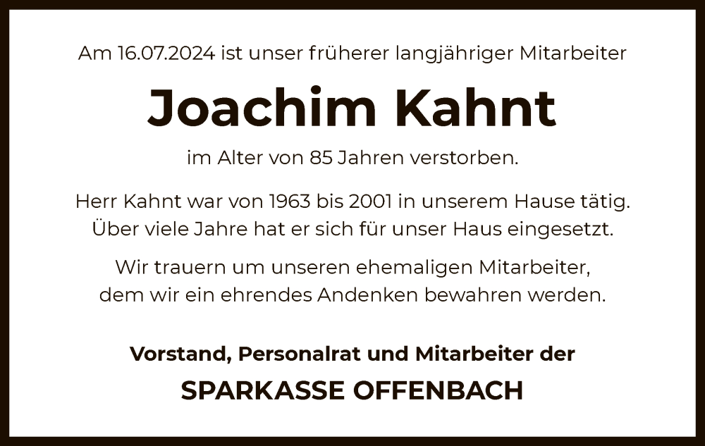  Traueranzeige für Joachim Kahnt vom 21.08.2024 aus OF