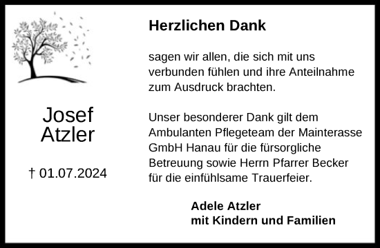 Traueranzeige von Josef Atzler von OF