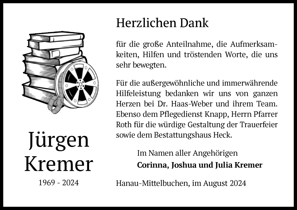  Traueranzeige für Jürgen Kremer vom 17.08.2024 aus OF