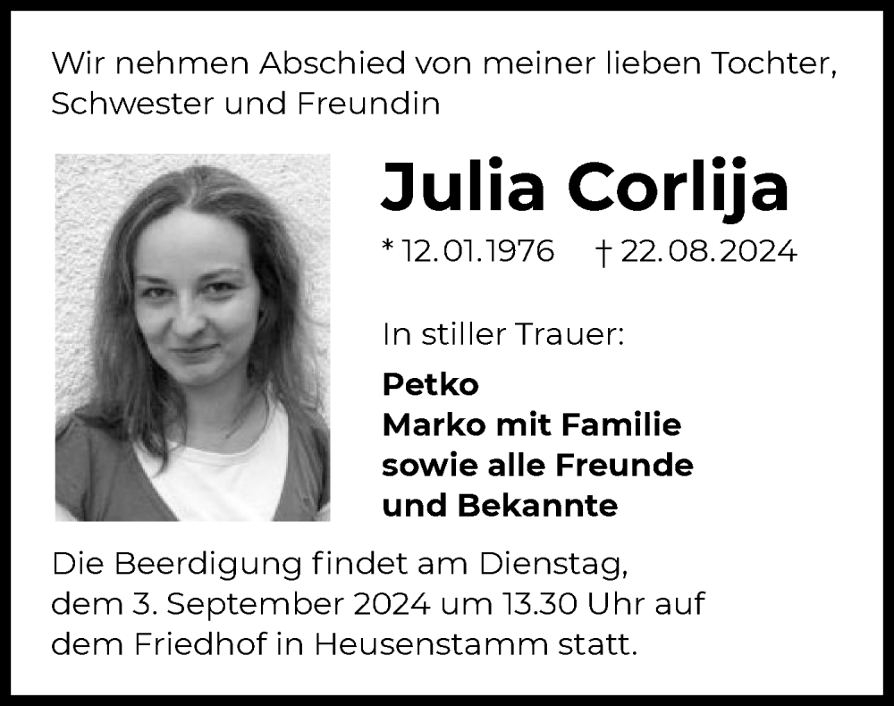  Traueranzeige für Julia Corlija vom 31.08.2024 aus OF