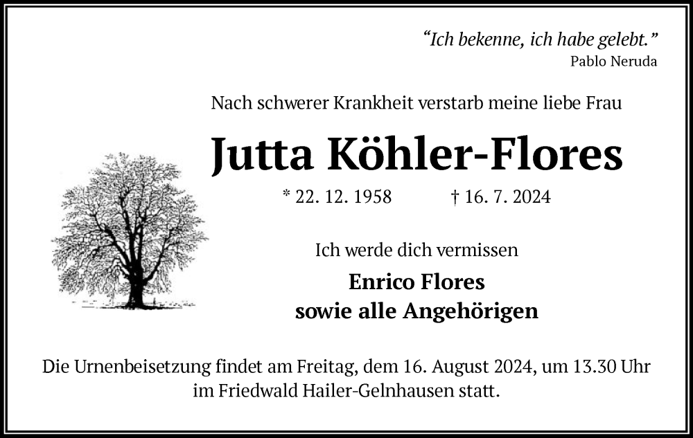  Traueranzeige für Jutta Köhler-Flores vom 03.08.2024 aus OF