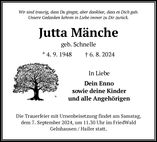 Traueranzeige von Jutta Mänche von OF