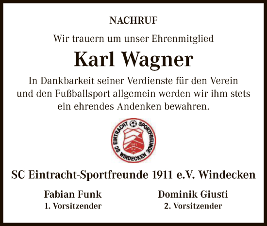 Traueranzeige von Karl Wagner von OF
