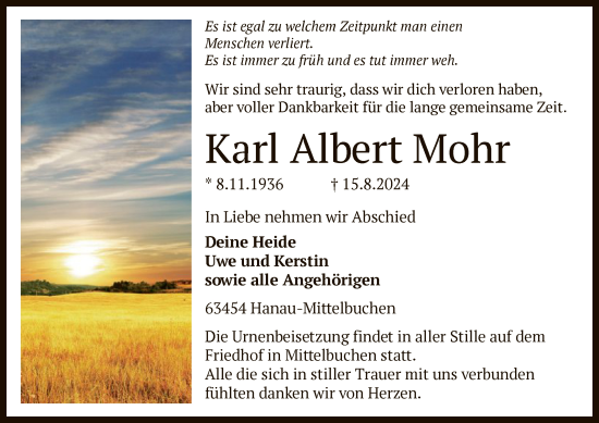 Traueranzeige von Karl Albert Mohr von OF